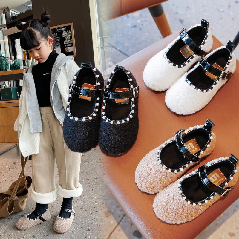 

Kids Moccasin Shoes 2022 Winter New Girls with Pearls Princess Dress Shoes Hook & Loop for Party Wedding Shows Flush Solid Black