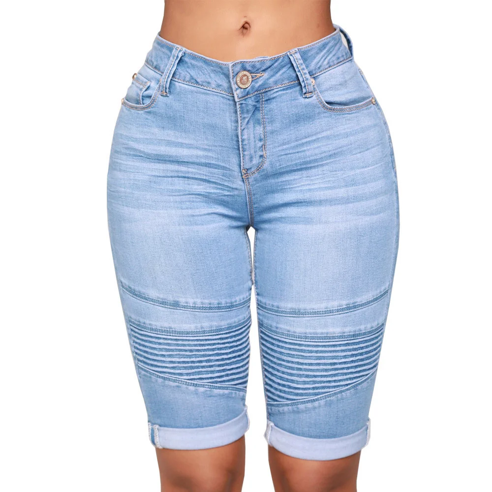 

SHZQ Womens Middle Rise Elastic Denim Shorts Knee Length Curvy Bermuda Stretch Short Jeans