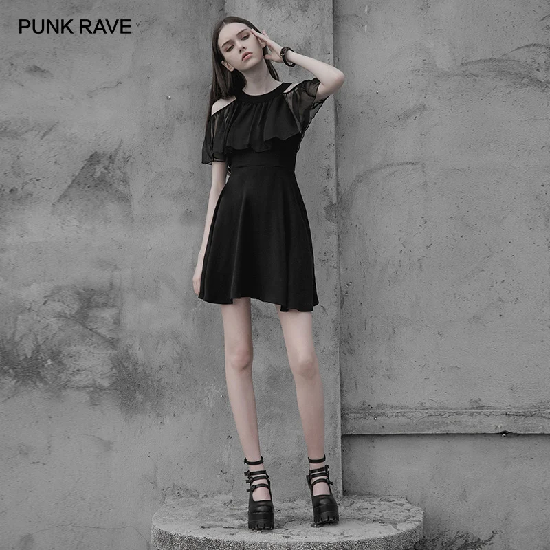 Женское шифоновое платье в стиле панк с открытыми плечами и рукавами форме листа