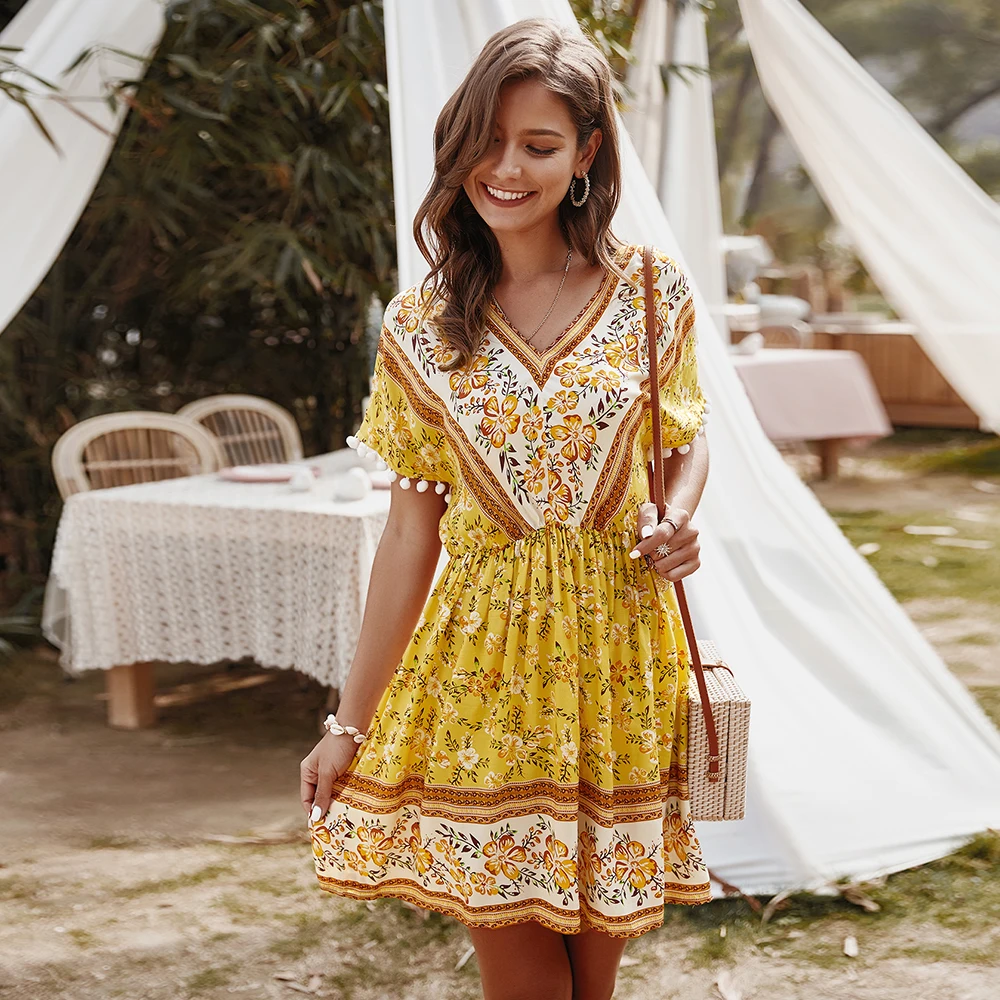 Летнее платье 2021 женское модное сексуальное желтое мини с V образным вырезом и