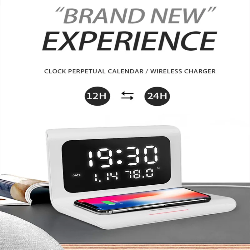 

Desk Clock 3in1 Wireless Charger Electric LED Alarm Clocks Table Digital Thermometer Alarm Clock With Phone Wireless Charger