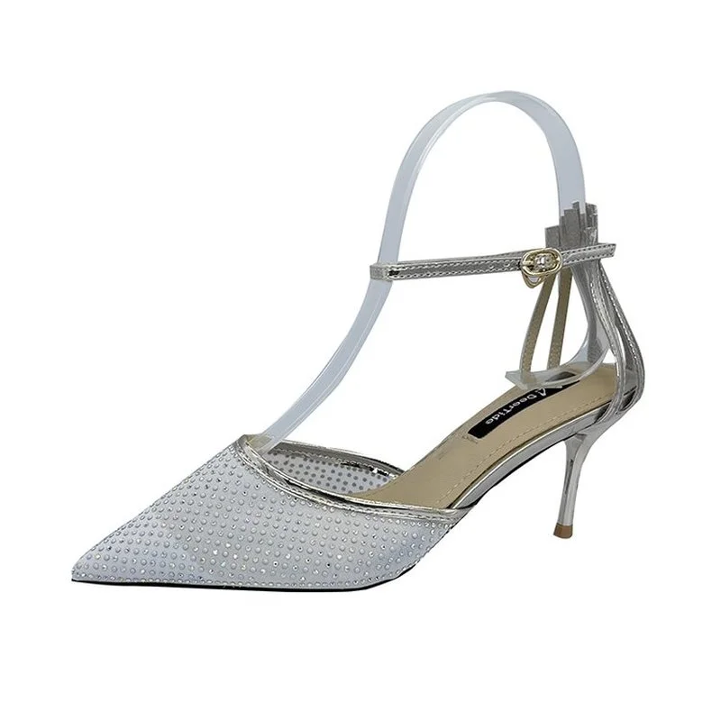 

2021 Elegant Crystal Pointed Toe Wedding Shoe Women's Pumps Solid Flock Fashion Buckle Shallow High Heels Shoes for Women Hot