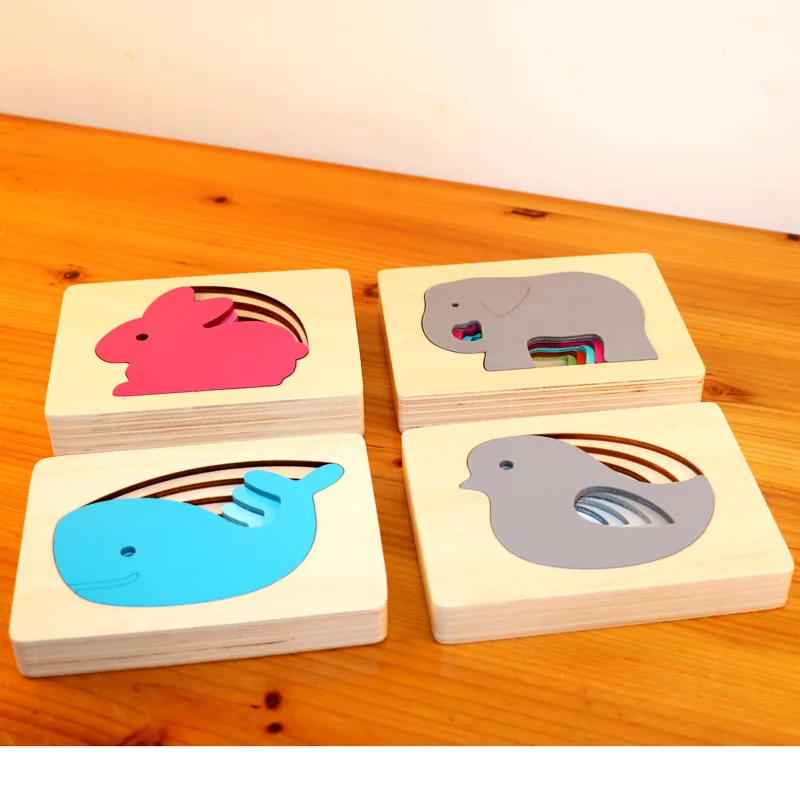 Деревянная головоломка с мультяшными животными пятислойная градиентная цветная
