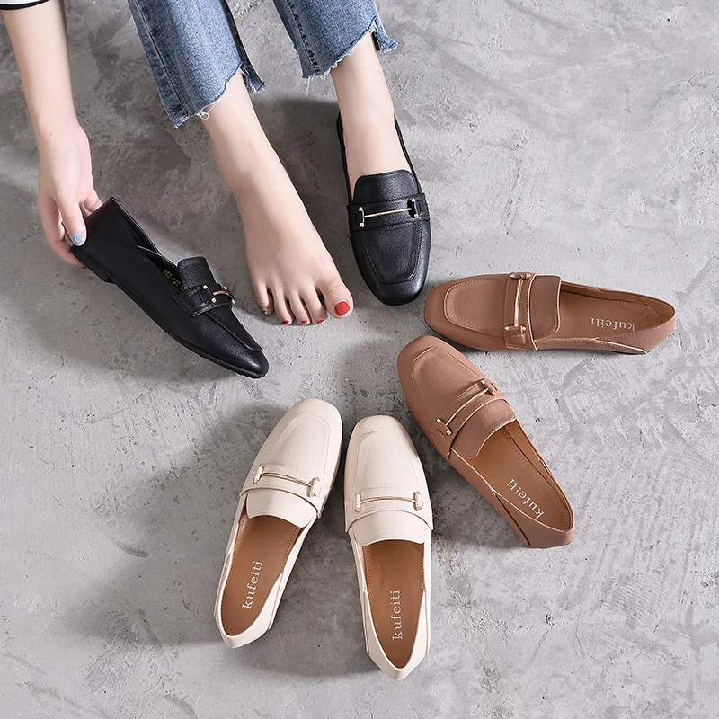 Однотонные повседневные небольшие кожаные туфли женские двухсторонние лоферы с