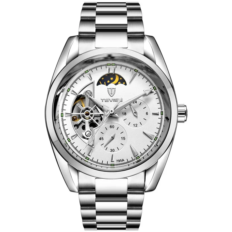 silver white TEVISE мужские часы Tourbillon Moon Phase Роскошные бизнес нержавеющая сталь Лидирующий бренд механические наручные часы автоматические часы relojes - Цвет: silver white