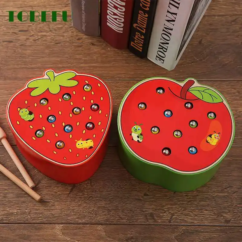 Игра TOBEFU Catch Worm цветная Когнитивная Магнитная клубника яблоко Детские деревянные