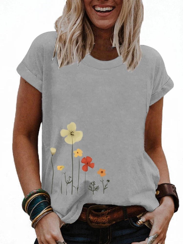 

2021 Spring And Summer Women's Printed Short Sleeve Tops Ladies Round Neck Button Casual Shirts Plus Size Cotton Blouse S-5XL