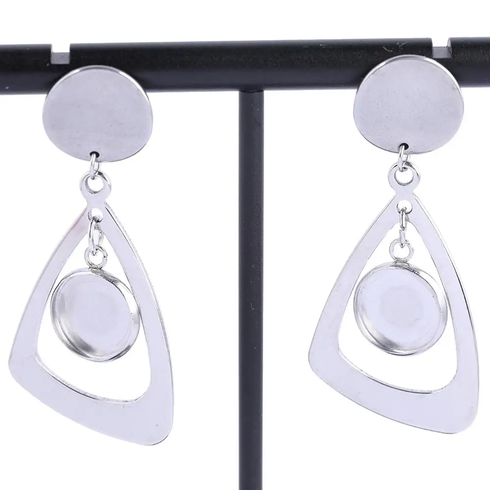 

6pcs/lot Stainlesss Steel Triangle Charm Stud Earring Base Setting Findings Diy Round 10mm Cabochon Earrings Bezel Blanks