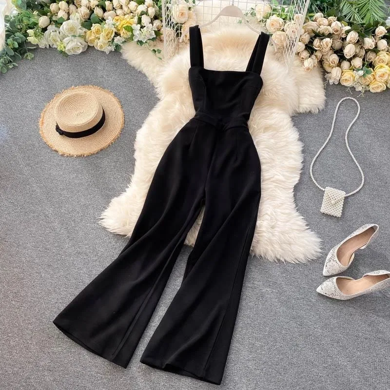 

2021 Summer New Fashion Elegant Solid Square Collar Strap Romper Women Short Sleeve High Waist Loose Wide Leg Jumpsuits Y629