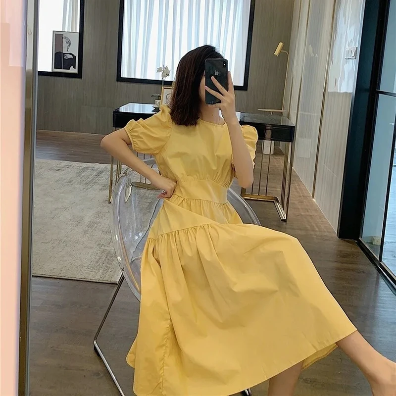 

Summer O-neck Puff Sleeve Women Long Dress Fashion Simplicity Back Lace-up Boho Dress Korean Style High Waist Dresses For Women