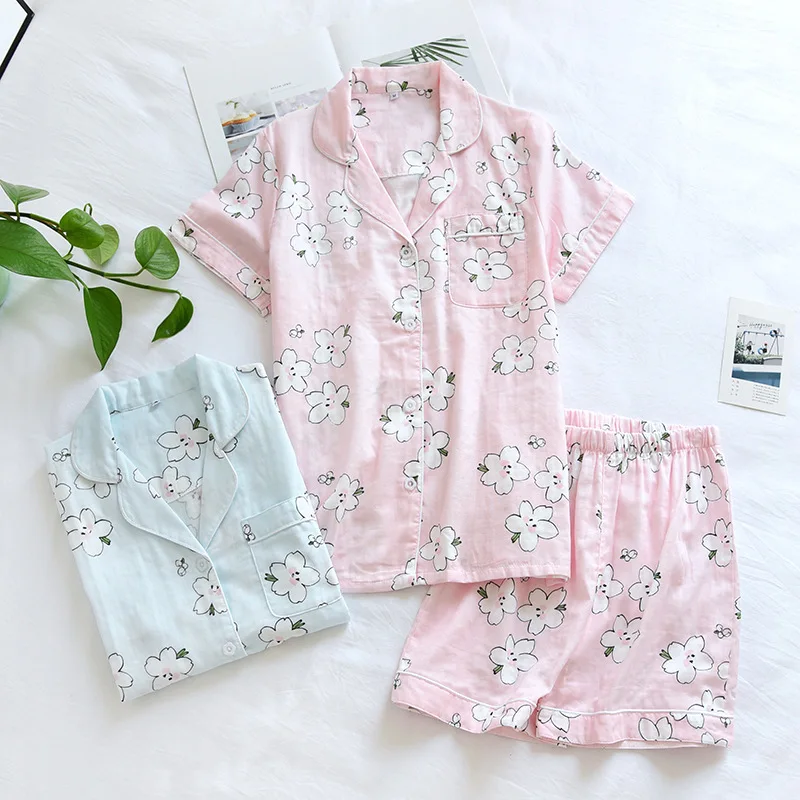 

Japanese Summer New Pajamas Two-piece Cotton Gauze Short-sleeved Shorts Pajamas Cover Cute Cartoon Flowers Home Service Suit