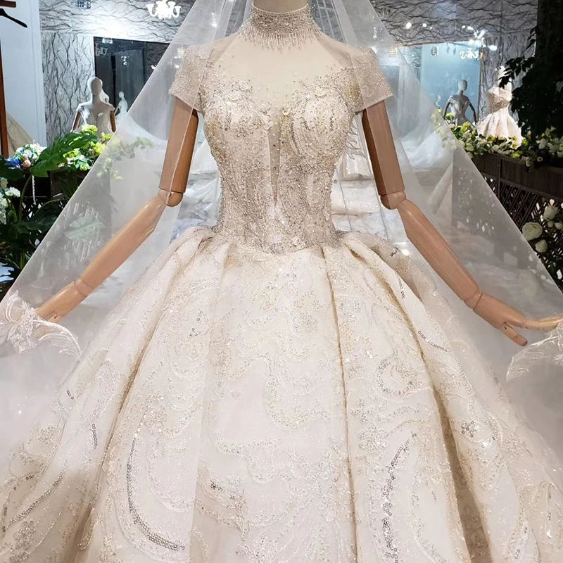 LS20472 Роскошные свадебные платья с вуалью для невесты высоким воротом коротким