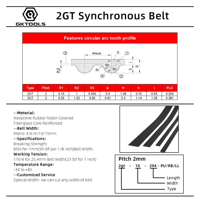 Открытый синхронный ремень синхронизации GKTOOLS 2MGT 2M 2GT ширина 6/9/10/15 мм Резиновый