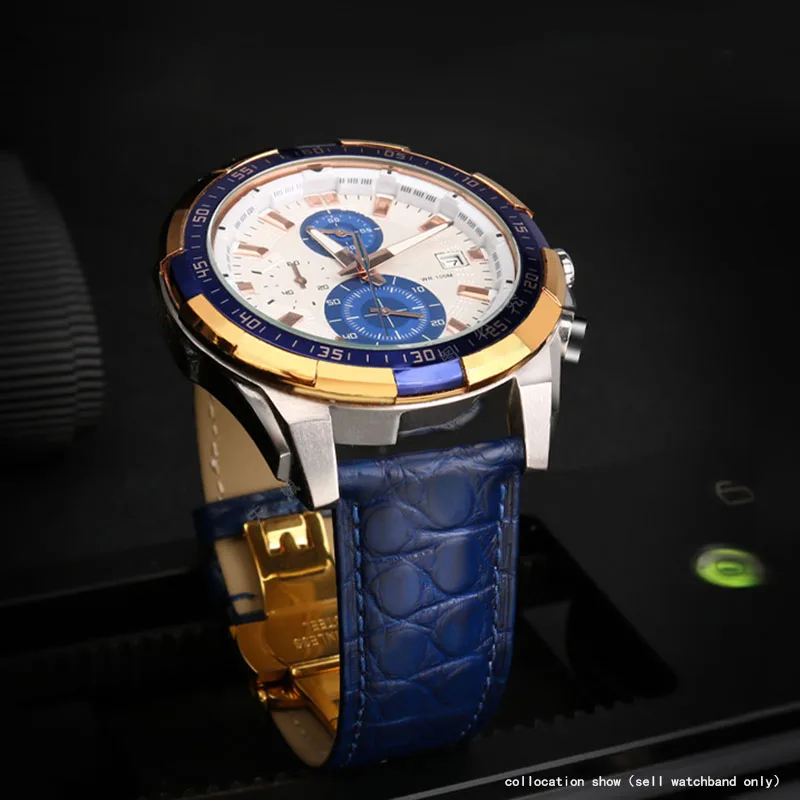For any luxurious wristband high quality Crocodile strap Soft Blue leather watchband Butterfly Clasp 18 20mm 22mm Men Wrist Band | Наручные