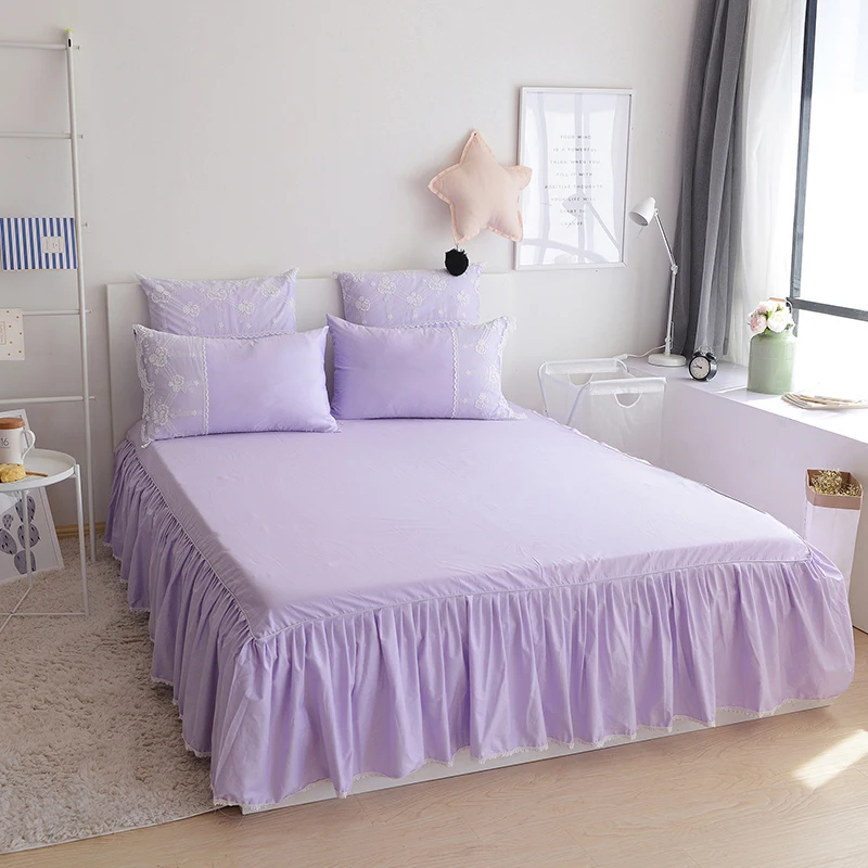 

Light Purple cotton silk Bedding sets Queen King Tribute Silk Duvet cover Bed skirt Pillowcases 4pcs Princess lace bedclothes
