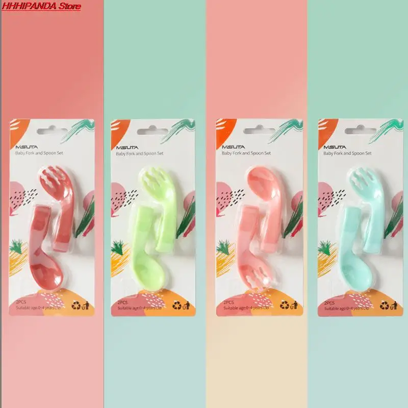

2 шт./компл. детская вилка, ложка, костюм, ложка для обучения младенцев, изогнутые портативные столовые наборы, Лоскутная однотонная противос...