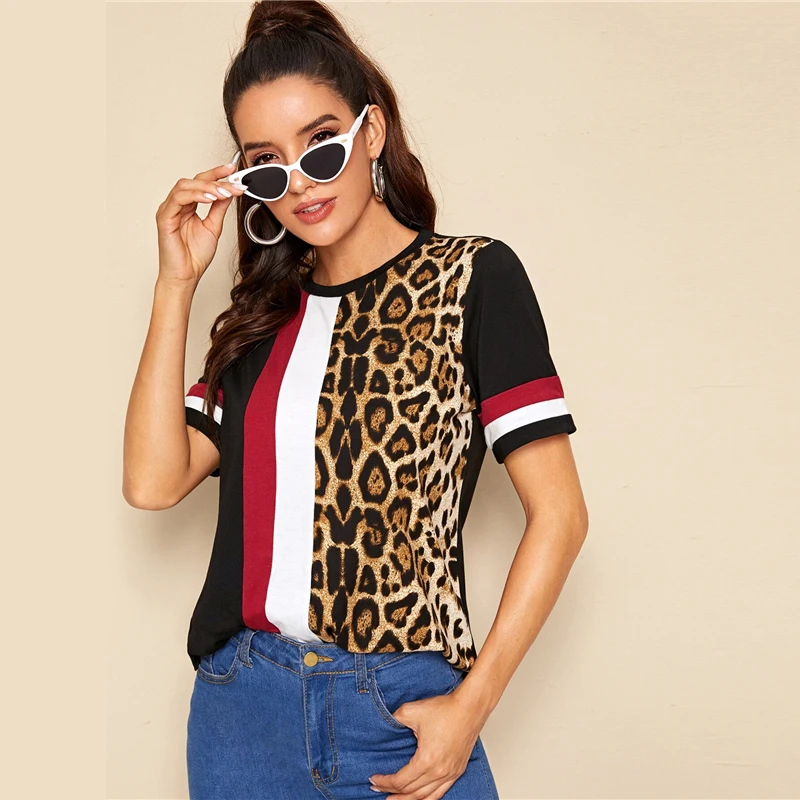SHEIN Color Block Cut-and-Sew Leopard Panel Top Short Sleeve O-Neck Casual T Shirt Women Summer Leisure Ladies Tshirt Tops