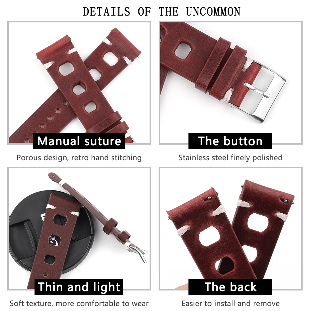 Ремешок из натуральной кожи для мужских часов сменный винтажный браслет