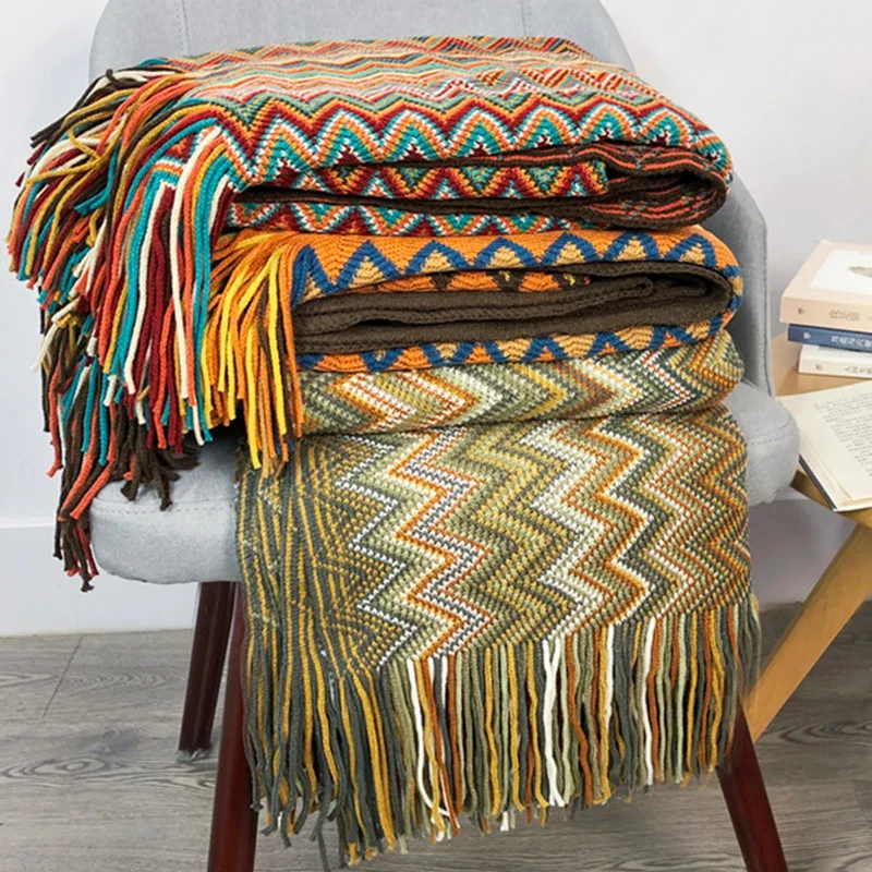 

Boho Ethnic Style Beach Knitted Tassel Blanket Solid Color for Bedspread Portable Soft Air Conditioning Blanket for Spring