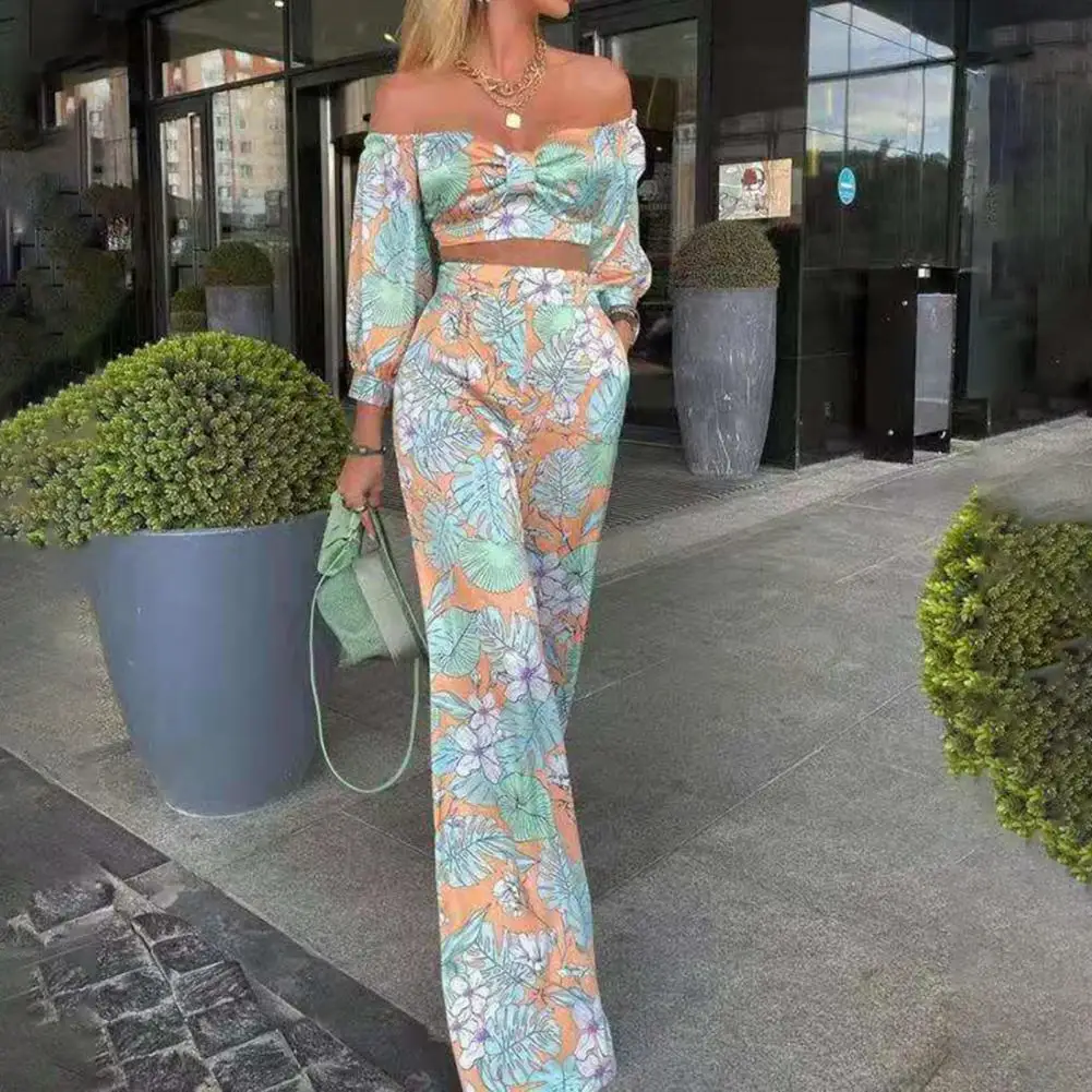 

Summer Beach Suit Stylish Crop Top Pants Set Floral Print Off Shoulder Women Half Sleeve Blouse Straight Leg Trousers Streetwear