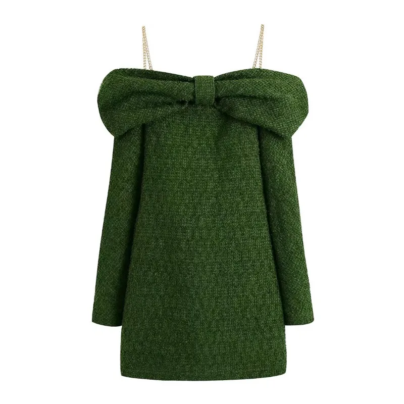 

Женское осеннее модное зеленое толстое платье Evfer с вырезом лодочкой и узлом, шикарная женская уличная одежда, Повседневное платье на брете...