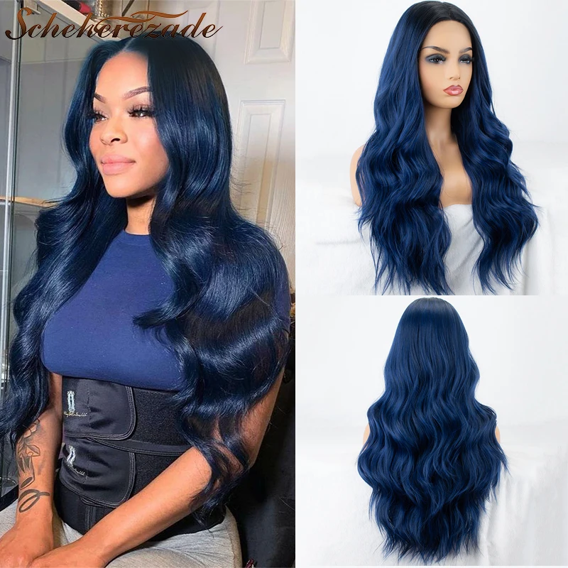 Body Wave Lace Front Wig Synthetic Lace Front Wig Long Blue Wigs For Women  Ombre Lace Front Wigs Heat Resistant 13×3 Party Sche