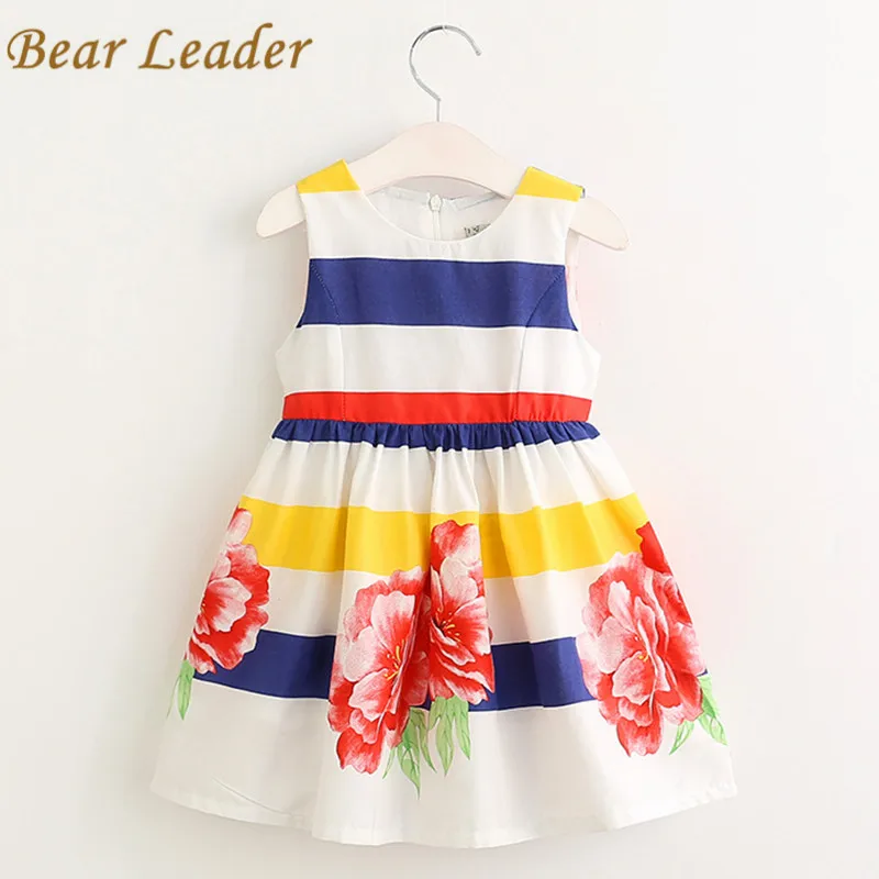 

Bear Leader Girls Dress Fashion Children Costumes Sleeveless Striped Dress for Girl 5-7 Years Fashion Print Pattern Kid Clothing