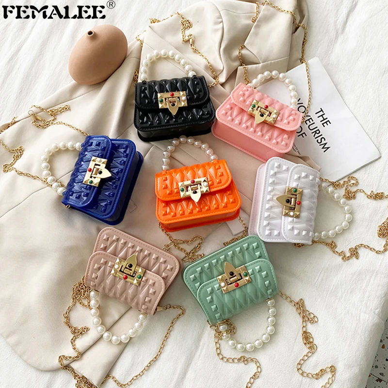 

2021 Korean Transparent Jelly Rivet Women Handbags Pearl Handle Chains Mini Crossbody Bolsa Ins Designer Fashion Shoulder Sac