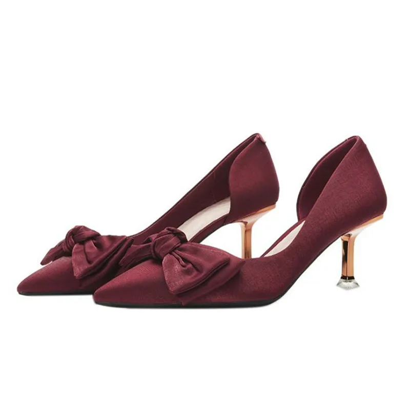 

Shoes Woman Heels Spring Satin Red Wedding Shoes Pointed Toe Stiletto 6.5CM Bow Ladies Pumps Zapatos Mujer