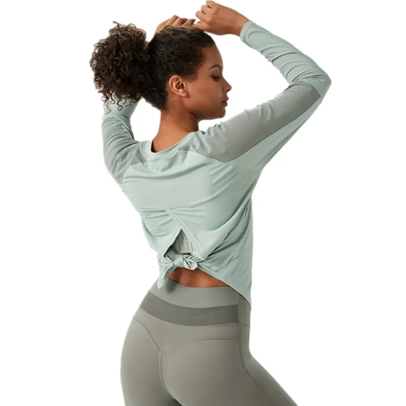 

Yoga Top Back Split Can Bandage Loose Long Sleeve Fitness Running T-Shirt Both Sides Of The Arm Breathable Mesh Patchwork Women