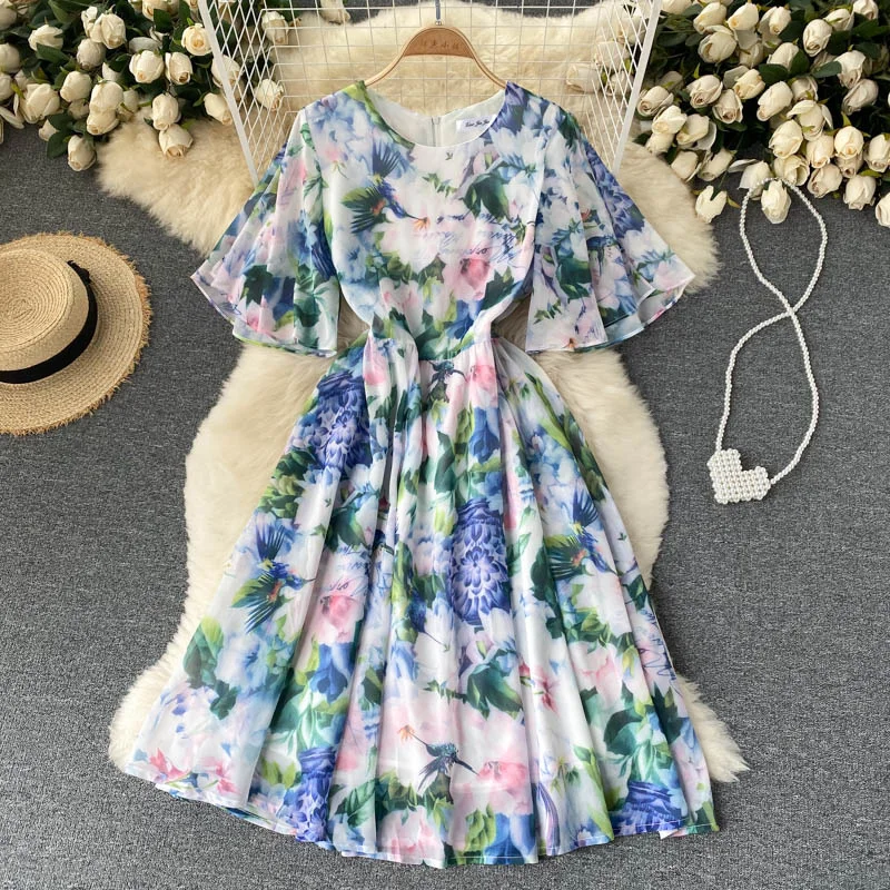 

2021 Summer Women Chiffon Dress Vintage Floral Print Party Dress Ladies O-neck Flare Short Sleeve Casual Female Holiday Dresses