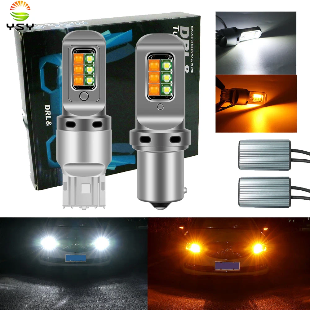 1Set LED Car DRL Turn Signal 2 in 1 BA15S BAU15S PY21W Canbus 3535 No Hyperflash T20 7440 w21w Dual Color 12SMD White Amber 12V