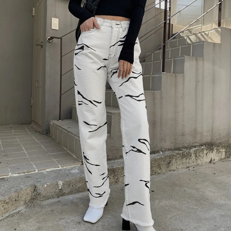 

Animal print bump color high waist straight tube Europe and The United States new trend pants 2021 wool edge jeans
