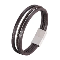 fashion simple multilayer braided leather bangle bracelet for men stainless steel magnetic clasp wristband hand jewelry sp1058
