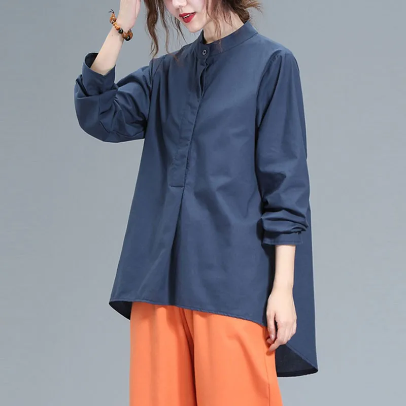 

Women Cotton Linen Casual Blouses New 2020 Autumn Vintage Stand Collar Solid Color Loose Female Long Sleeve Tops Shirts S1827