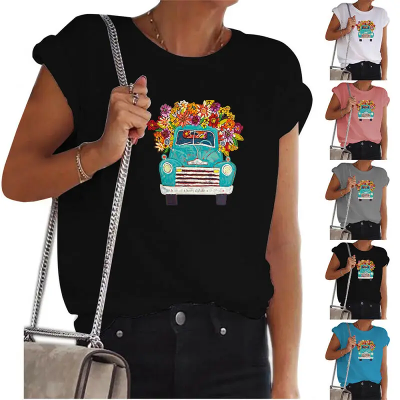 

Women Summer Short Sleeve Crew Neck Loose Casual T-shirts Car Pattern Tops New