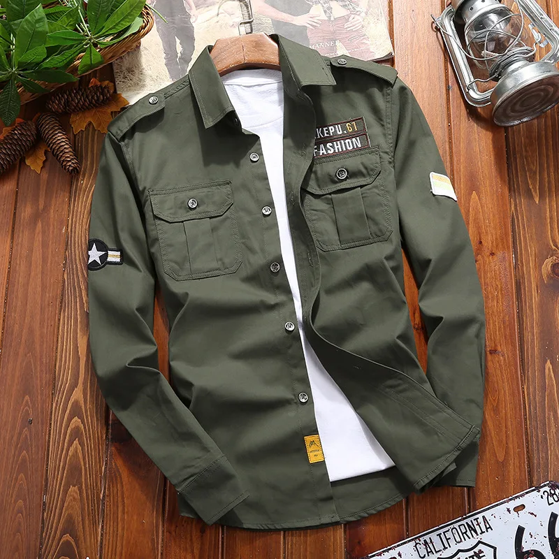 

Military Green Shirt Cotton Men Vintage Shirts Jacket Slim for Men Long Sleeve Navy Blue Green Khaki Slim Streetwear M-5XL