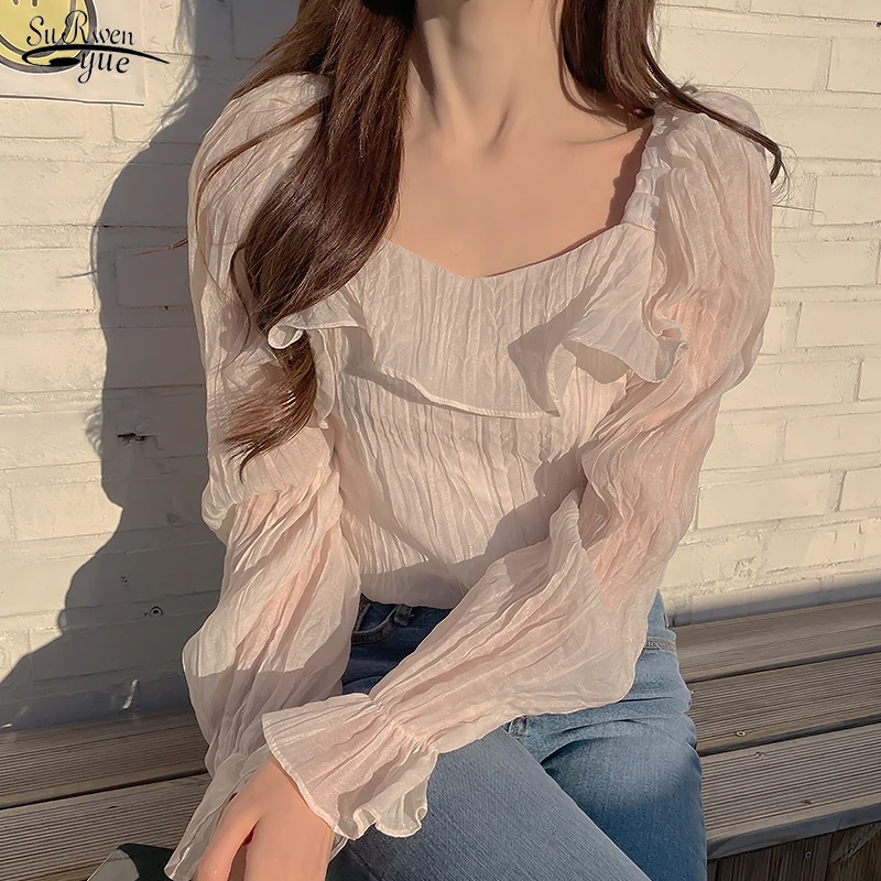 

2021 Новое модное плиссированное платье с пышными рукавами блузка для женщин Летняя футболка с круглым вырезом, на шнуровке, одноцветная одеж...