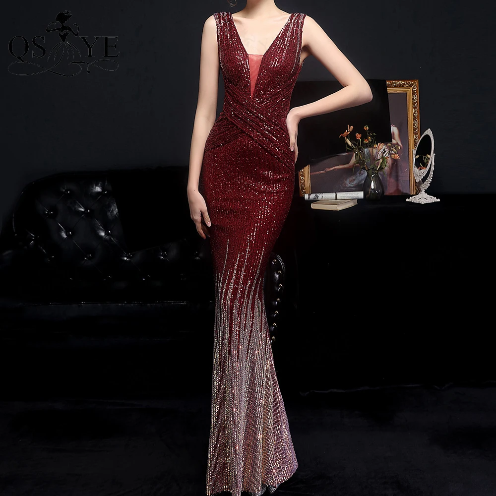 

Burgundy Evening Dresses Mermaid Crisscross Evening Gown Glitter Sequin Fading Party Dress Ruched Formal Gown Ruched V Neck