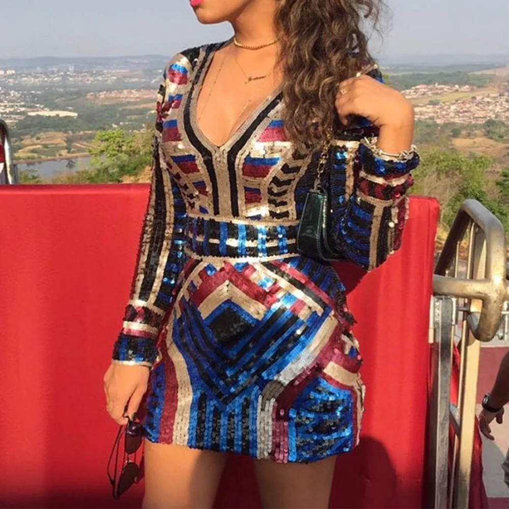 Сексуальное платье с блестками для женщин осеннее длинным рукавом и глубоким v