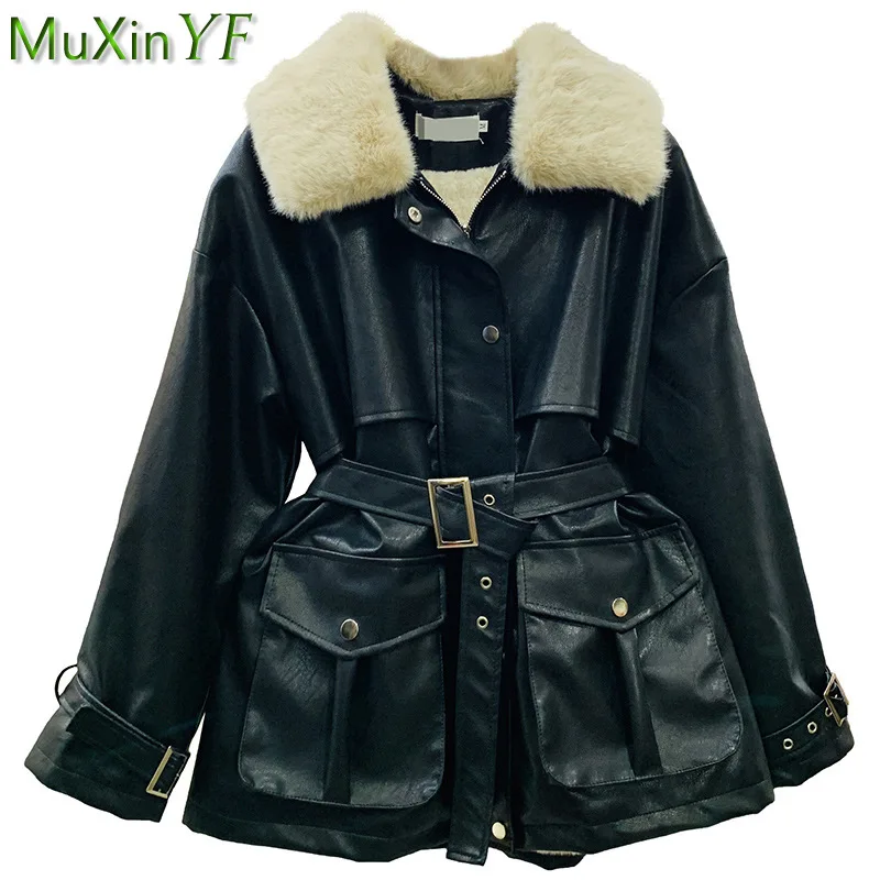 2021 Winter Women's PU Leather Jacket Warm Thick Graceful Fur Coat with Waistband Lady Fashion Moto&Biker Style Black Outerwear