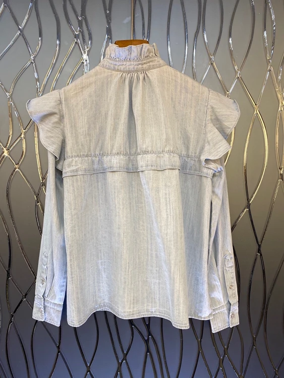 

2020 autumn and winter new women's wrinkle neckline sleeves and shoulders ruffle stitching long-sleeved all-match shirt 1224