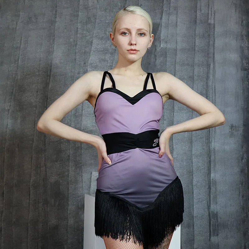 

Платье женское для латиноамериканских танцев, пикантное фиолетовое платье с бахромой на подтяжках, одежда для выступлений, танцевальная од...