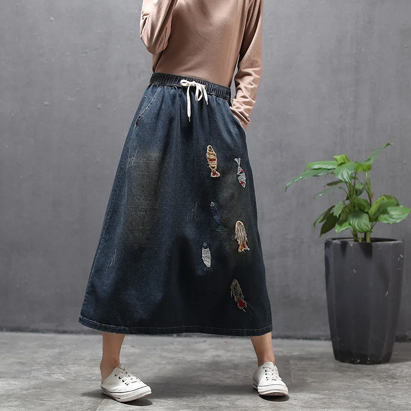 Осенне-зимняя юбка ретро Женская джинсовая с эластичной резинкой на талии 2019