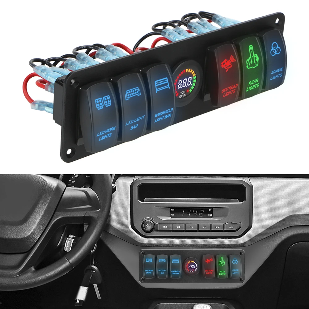 

Colorful LED Voltage Display 6 Gang Rocker Switch Panel for RV Car Marine 12-24V Circuit Breaker Waterproof On-Off