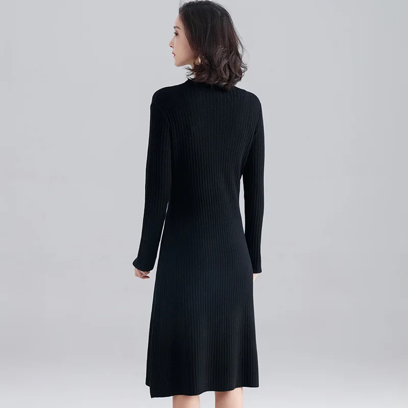 Осень-зима 2019 офисное женское платье с круглым вырезом 3 однотонных цвета вязаное