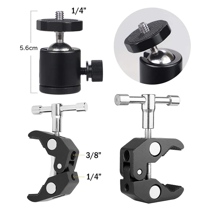

Tripod Clamp, Super Clamp Tripod Articulated Ball Head Hot Shoe Tripod Head with 1/4 3/8 Inch Thread Adapter
