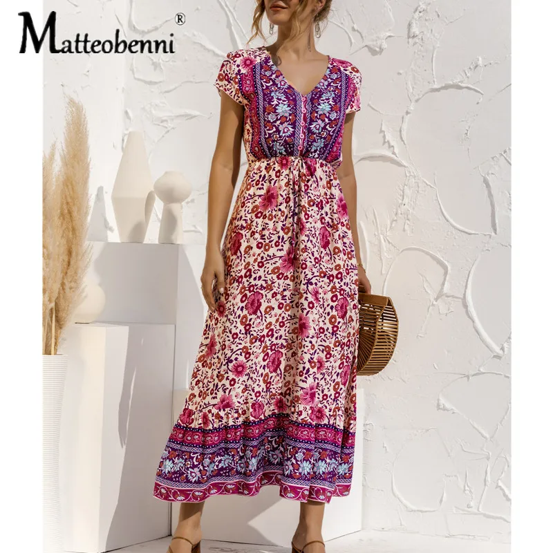 Женское платье макси с коротким рукавом длинное пляжное цветочным принтом на
