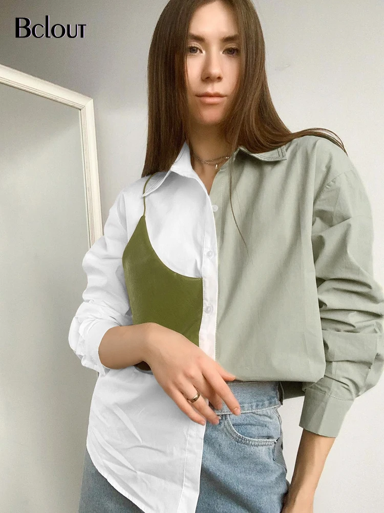 

Bclout Chic Office Turn Down Collar Woman Blouse Long Sleeve Fashion PU Shirt Patchwork Top Women Tunic Lady Button Up Shirts