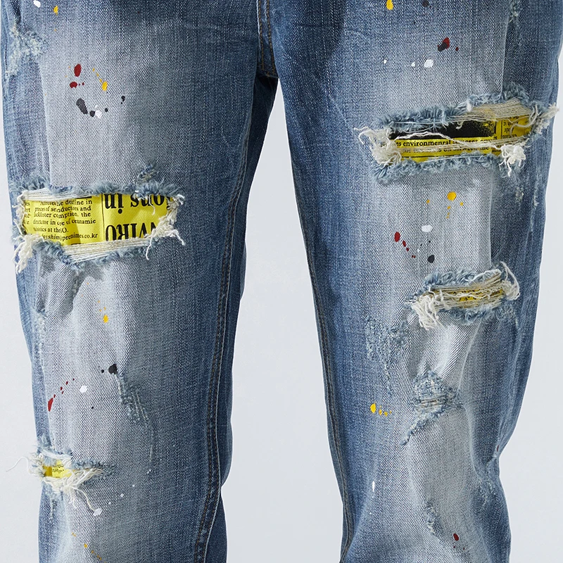Рваные джинсы мужские облегающие синие Стрейчевые весенние состаренные в стиле